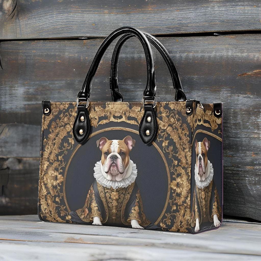 Elizabethan Bulldog Crossbody Bag - Royal Dog Portrait Vegan Leather Purse, Unique Gift for Women