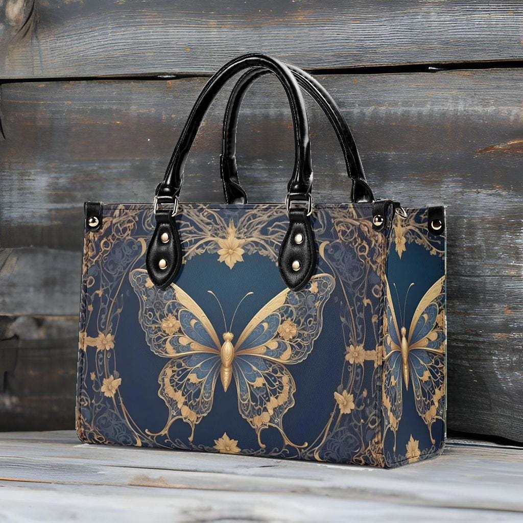 Golden Art Nouveau Butterfly Crossbody Bag - Nature-Inspired Vegan Leather Designer Purse, Unique Gift for Women
