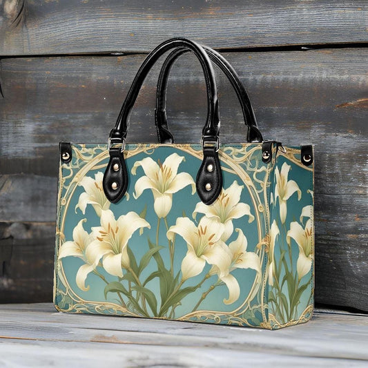 Ivory Lilies with Sky Blue Background Bag Cute Crossbody Bag Unique Purse Cute Purse, Luxury Bag Vegan Leather Bags Printed Designer Bag