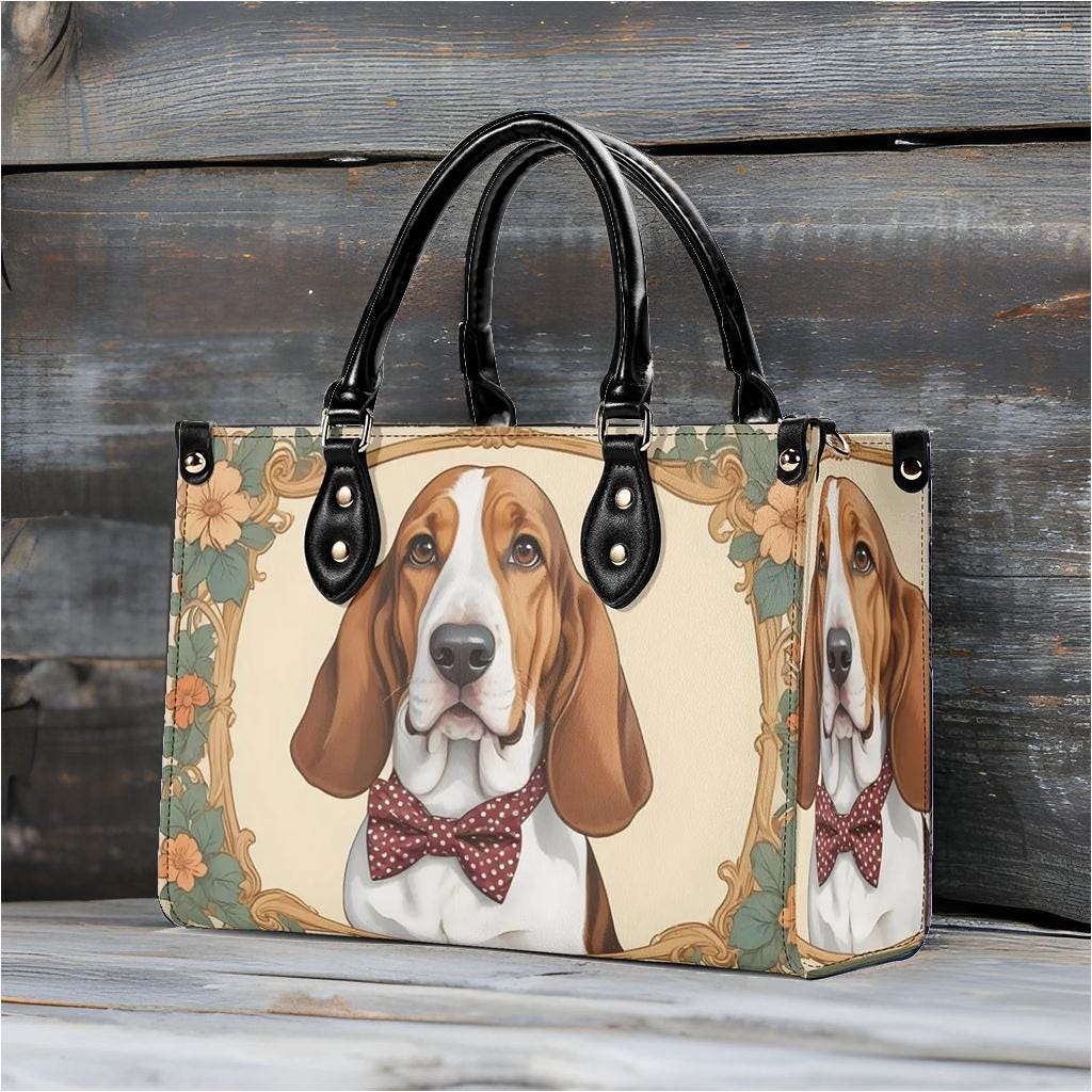 Basset Hound Dog in Polka Dot Bow Bag Cute Crossbody Bag Unique Purse Cute Purse, Luxury Bag Vegan Leather Bags Printed Designer Bag