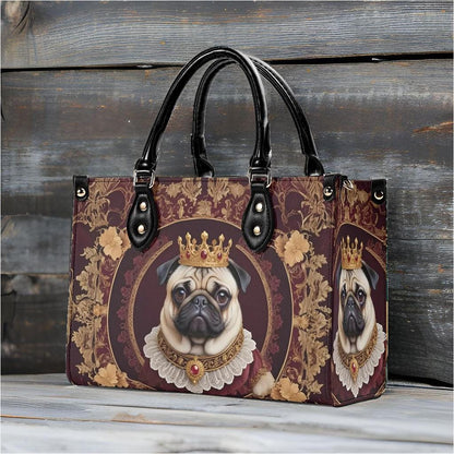 Royal Pug Crossbody Bag with Crown and Ruffled Collar - Art Nouveau Dog Portrait Vegan Leather Purse