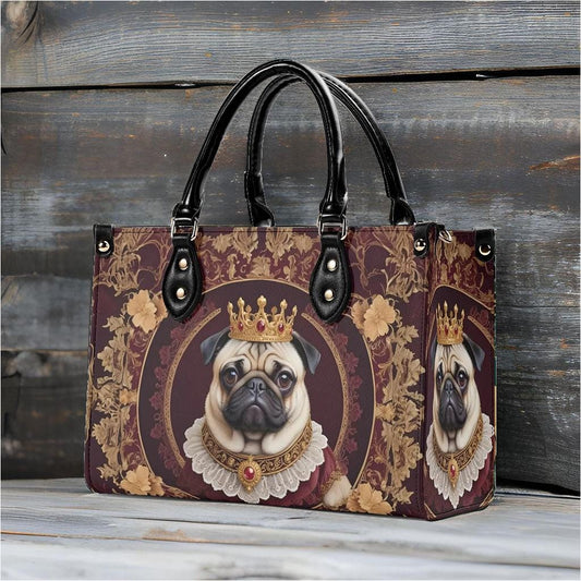 Royal Pug Crossbody Bag with Crown and Ruffled Collar - Art Nouveau Dog Portrait Vegan Leather Purse