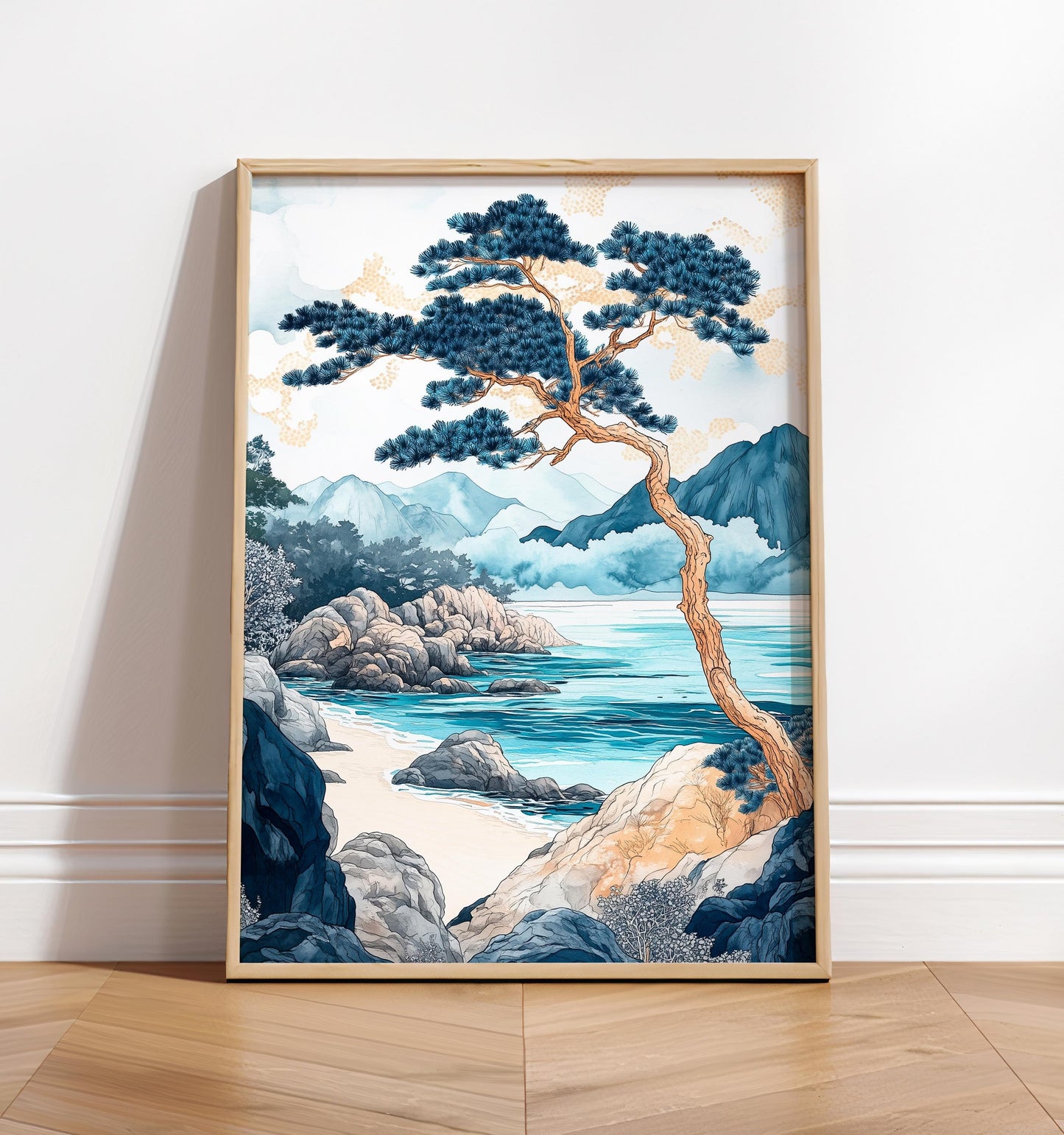 Japandi Coastal Art Print: Japanese Beach Landscape Painting
