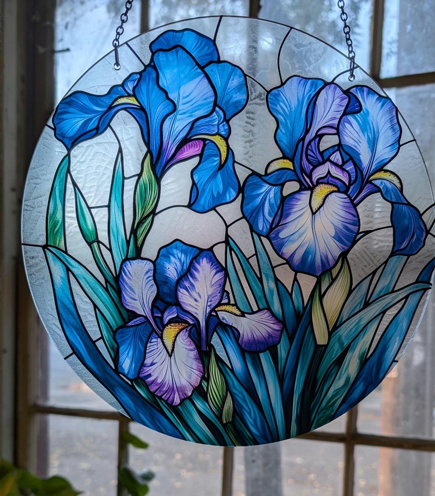 Blue Iris: Stained Glass Style Window Hanging