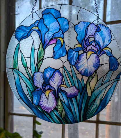 Blue Iris: Stained Glass Style Window Hanging