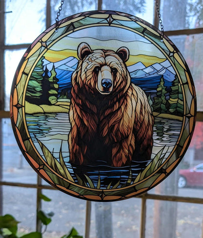Grizzly Bear: Stained Glass Style Window Hanging