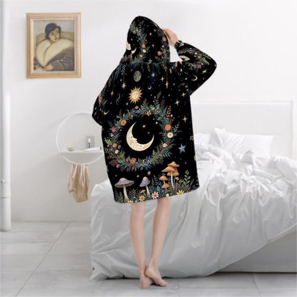 Mystical Moon Mushroom Blanket Hoodie, Witchy Black Wildflower Hooded Jumper
