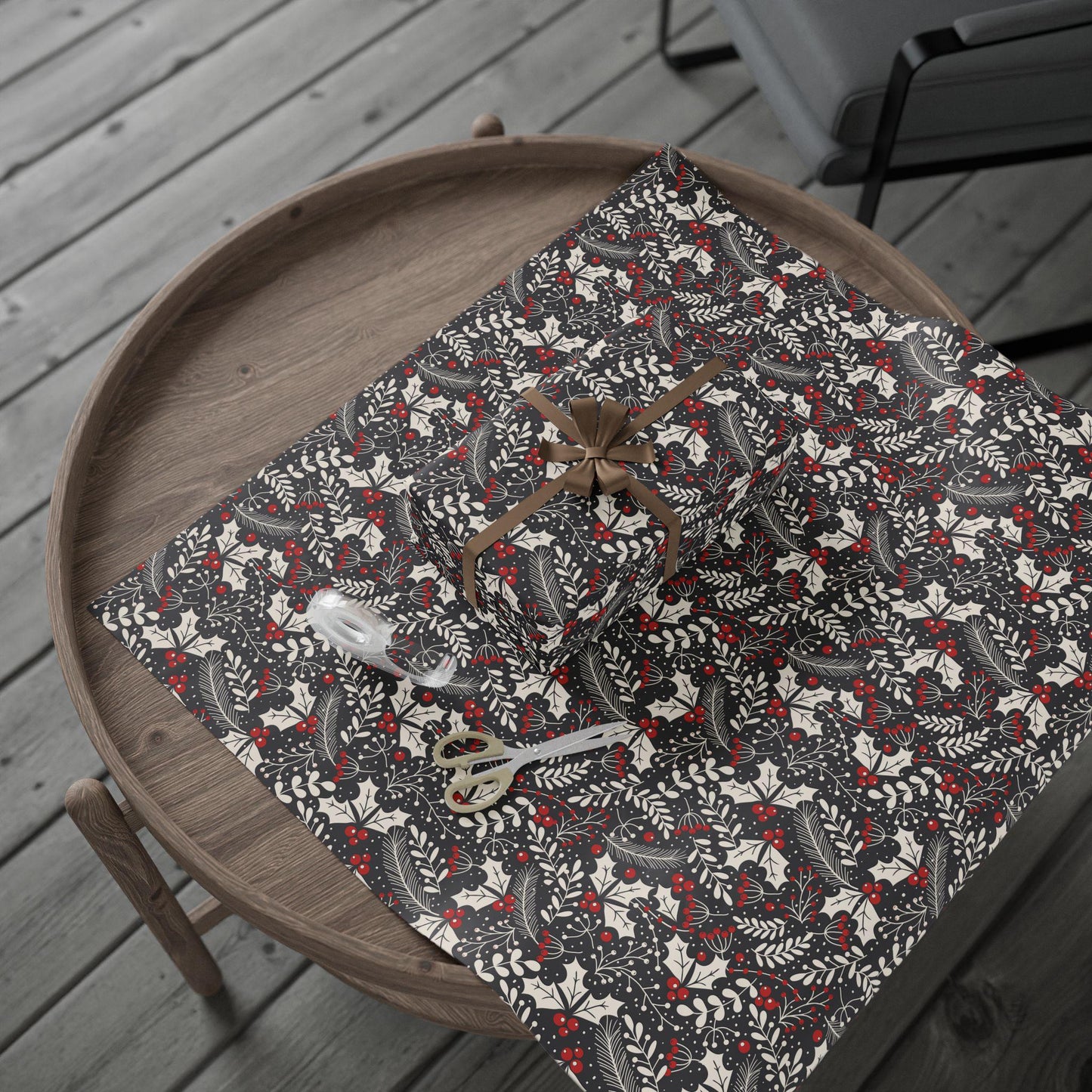 Unique Christmas Gift Wrap Papers -Black and white Holly Design -Vintage Gift Wrapping paper