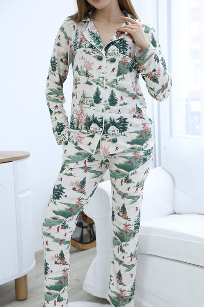 Winter Wonderland Pajama Set – Festive Button-Up Sleepwear for Women, Cozy Holiday Loungewear with Scenic Christmas Village Print