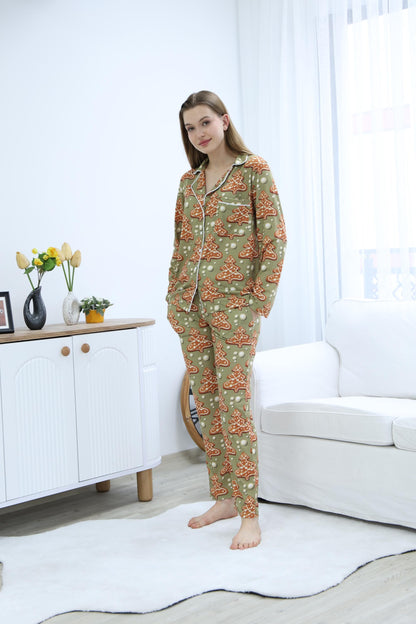 Gingerbread Tree Pajama Set – Festive Button-Up Loungewear with Adorable Holiday Tree Print for Cozy Winter Nights
