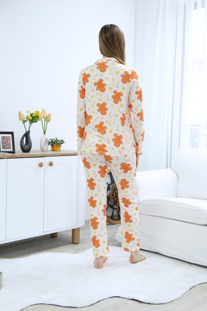 Gingerbread Pajama Set – Festive Button-Up Sleepwear for Women, Cozy Holiday Loungewear with Gingerbread