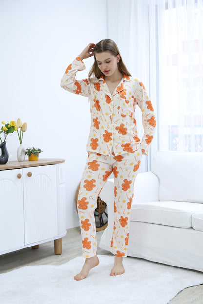 Gingerbread Pajama Set – Festive Button-Up Sleepwear for Women, Cozy Holiday Loungewear with Gingerbread