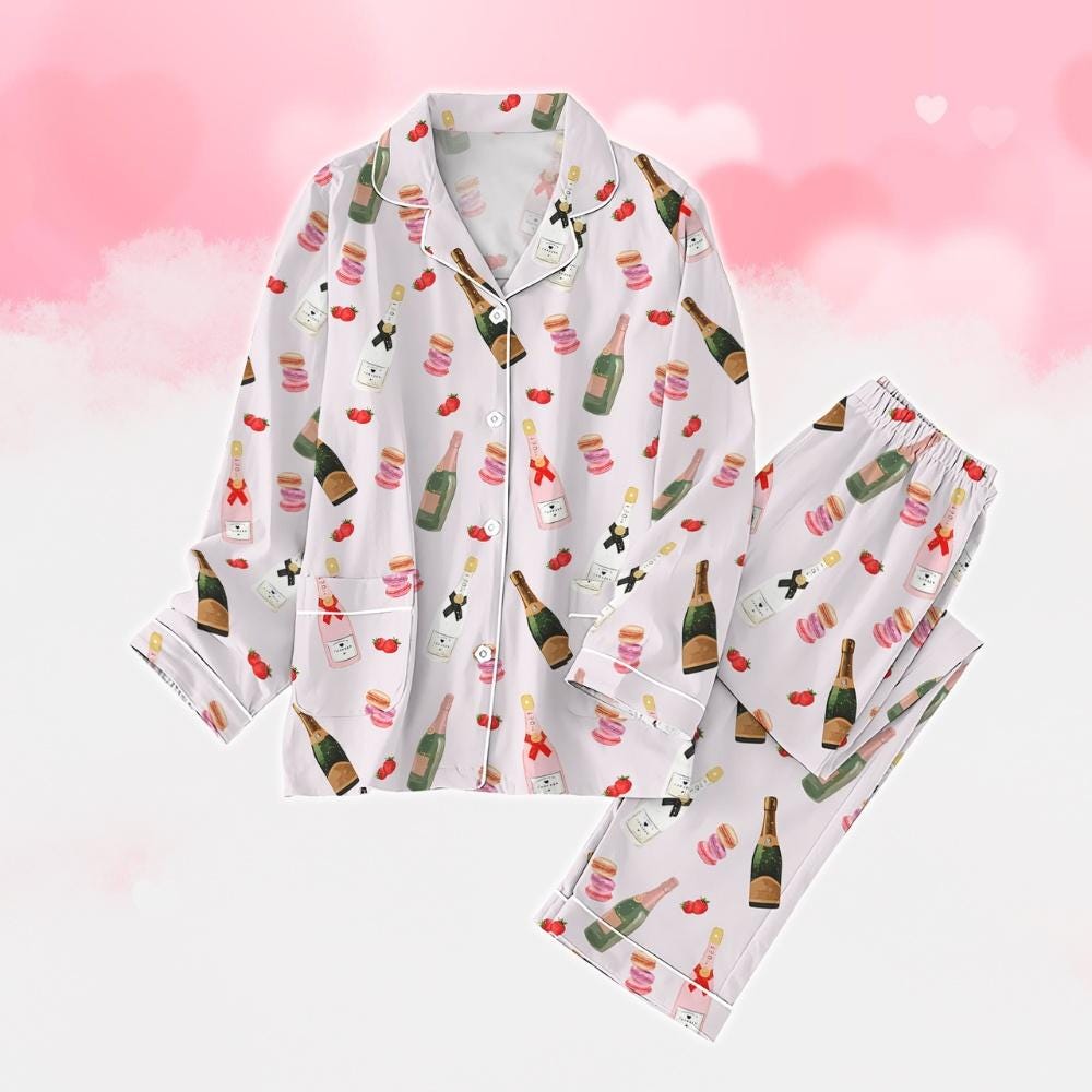 Champagne Wine Pajamas Set, Strawberry Holiday Pajamas, Macaron Cake Pajamas Women, Matching Family Pajamas, Soju Lover Shirt, Gift For