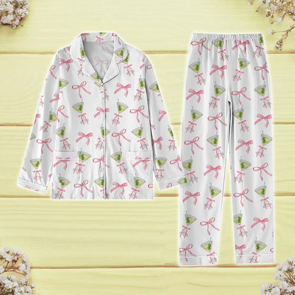 Cocktail Coquette Bow Pajamas Set, Martitni Gift Valentine Pajamas, Bachelorette Party Pajamas Shirt, Tini Time Pajamas, Gift For Her