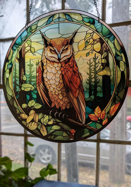 Forest Owl: Stained Glass Style Window Hanging