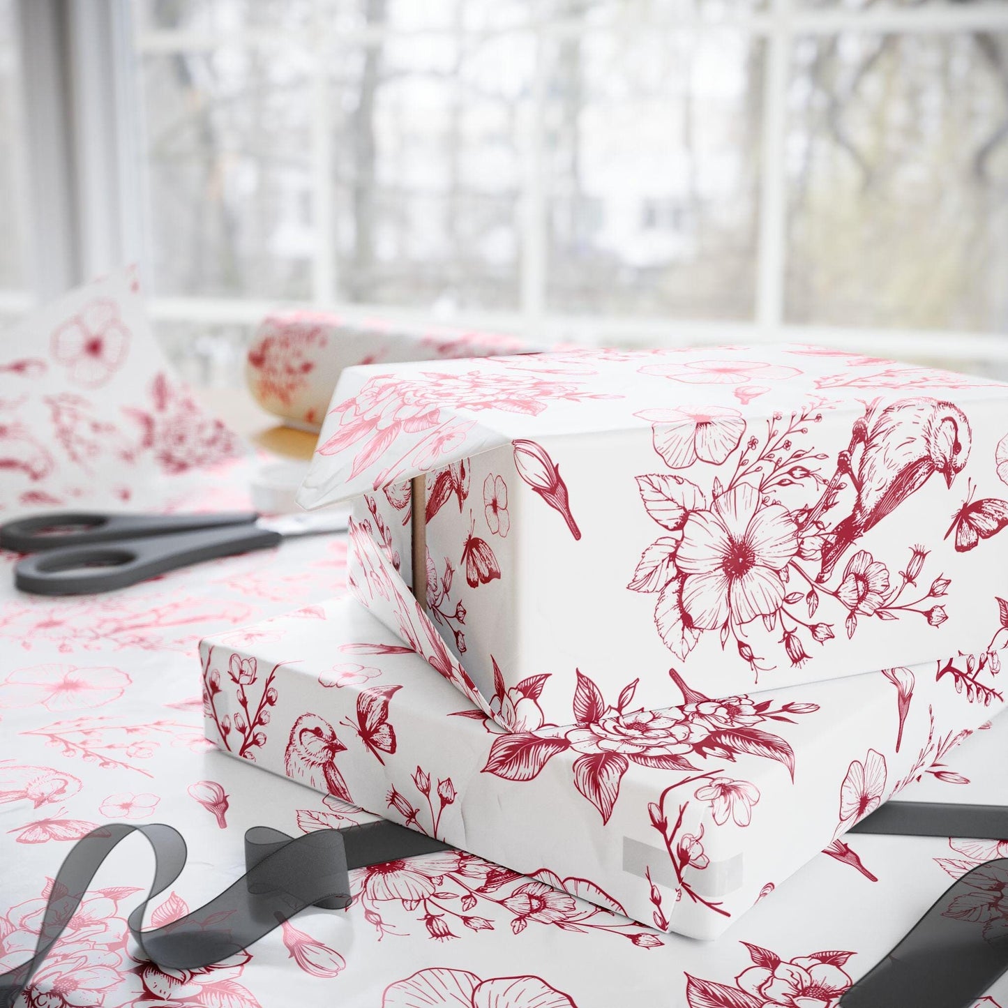 Red Bird Toile Holiday Gift Wrapping Papers - Christmas Toile Holiday Gift Wrap Red