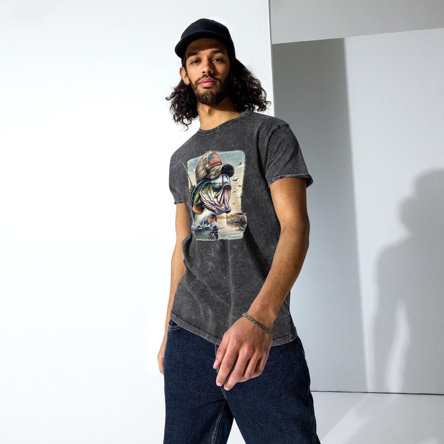Fishing Bass T-Shirt | Vintage Dad Shirt | Old School Gift for Him | Angler Tshirt | Fisherman Tee Gifts | Denim Washed Shirt| Bassfishing