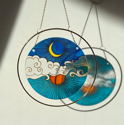 Unique Suncatcher for window Sun Moon Cloud Mothers day gift Aesthetic room decor for every home Stained glass painting