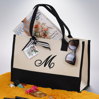 Personalized Monogram Embroidery Cotton Canvas Beach Tote Bag Initial Tote Bridesmaid Gift Tote Custom Beach Bag Gift for Her A-Z - Black