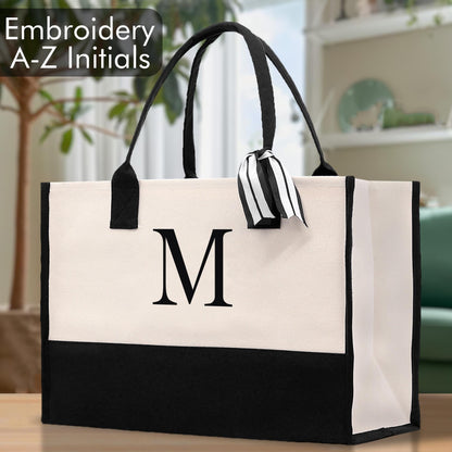 Personalized Monogram Embroidery Cotton Canvas Beach Tote Bag Initial Tote Bridesmaid Gift Tote Custom Beach Bag Gift for Her A-Z - Black
