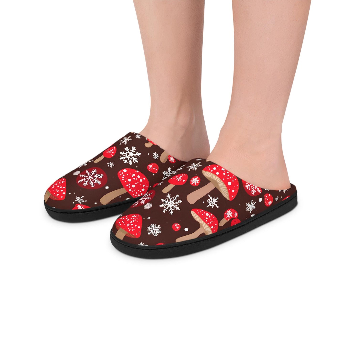 Slippers ForHim RedMushrooms with Snowflakes Cozy Winter Men's House Shoes Indoor Footwear Home Comfort Holiday GiftIdea ChristmasPresent