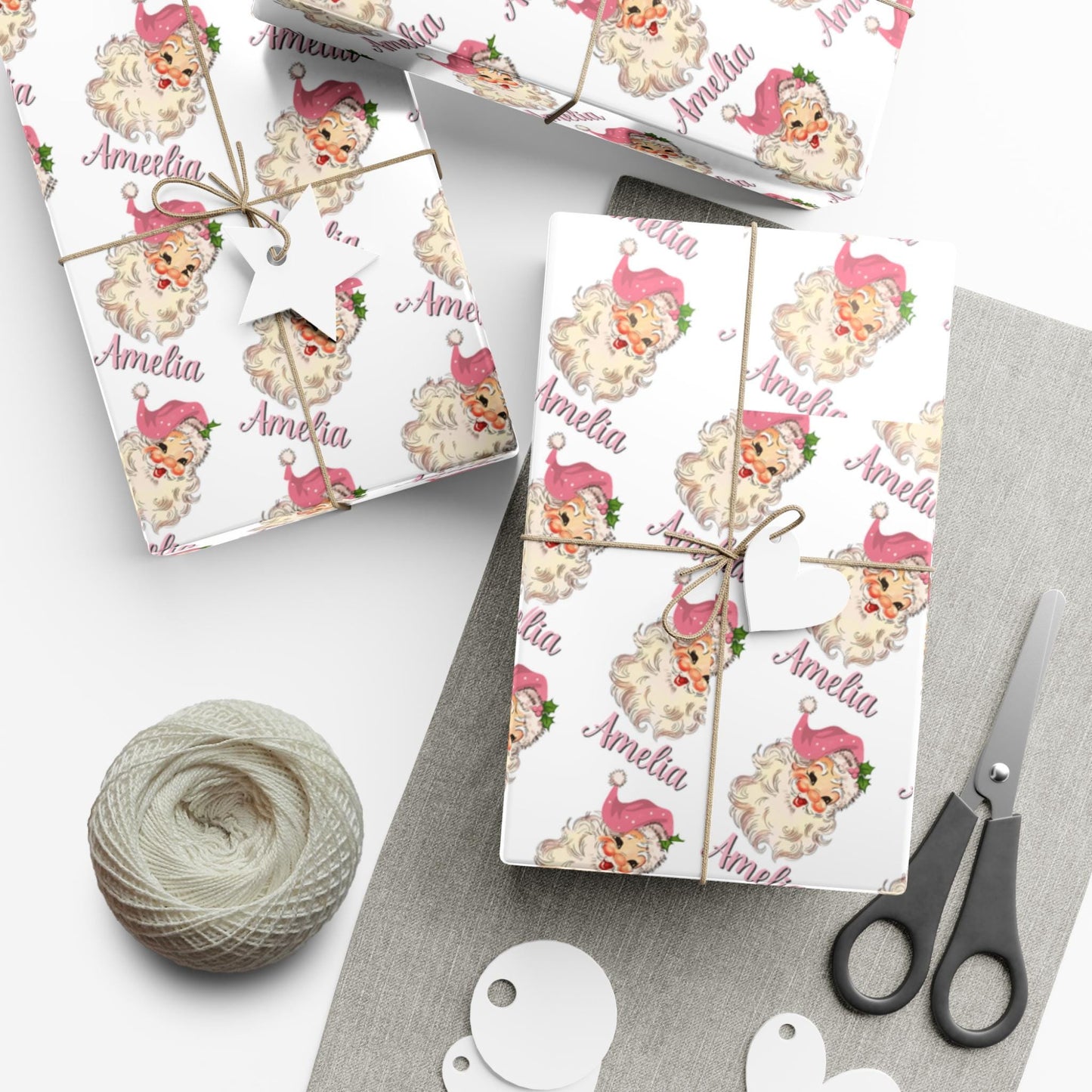 Girls Pink Personalized Santa Gift Wrap Papers -  Customized Kids Christmas Gift wrapping - Santa Claus Custom Name  Wrapping paper