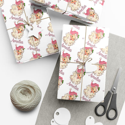 Girls Pink Personalized Santa Gift Wrap Papers -  Customized Kids Christmas Gift wrapping - Santa Claus Custom Name  Wrapping paper