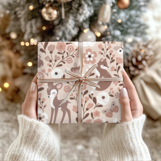 Pink Girls Christmas Woodland Gift Wrap Papers -  Kids Woodsy Wrapping Paper Child Gift Wrap