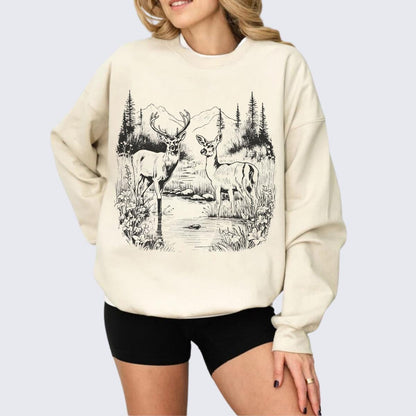 Retro Deer Wilderness Scene Unisex Sweatshirt, Buck & Doe Graphic, Nature Lover Gift, Outdoor Apparel, Wildlife Lover Clothing, Cabin Style