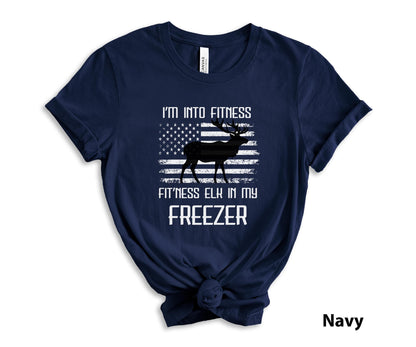 Funny Elk Hunting Dad Tee - American Flag Outdoorsman Gift | Hunting Gift for Hunter Husband | Elk in my Freezer | Hunting Shirt for Man