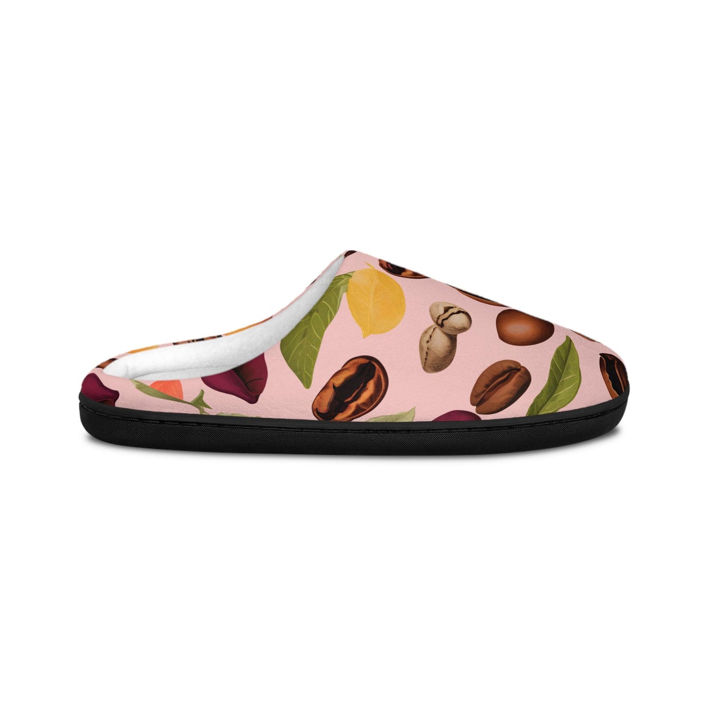 Slippers - Coffee Bean and Plants Design Women's Indoor Footwear Pink Background Gift-for Coffee Lovers House Shoes CozySlipper Gift