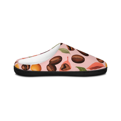 Slippers - Coffee Bean and Plants Design Women's Indoor Footwear Pink Background Gift-for Coffee Lovers House Shoes CozySlipper Gift