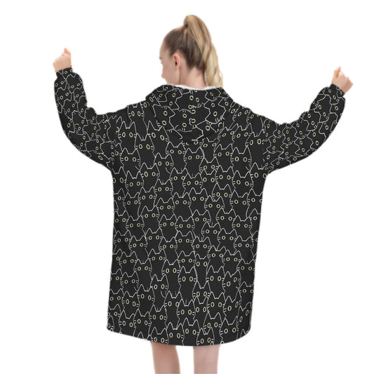 Black Cat Blanket Hoodie, Boho Witchy Black Hooded Jumper, Kawaii Anime Cute Winter Fall Accessory