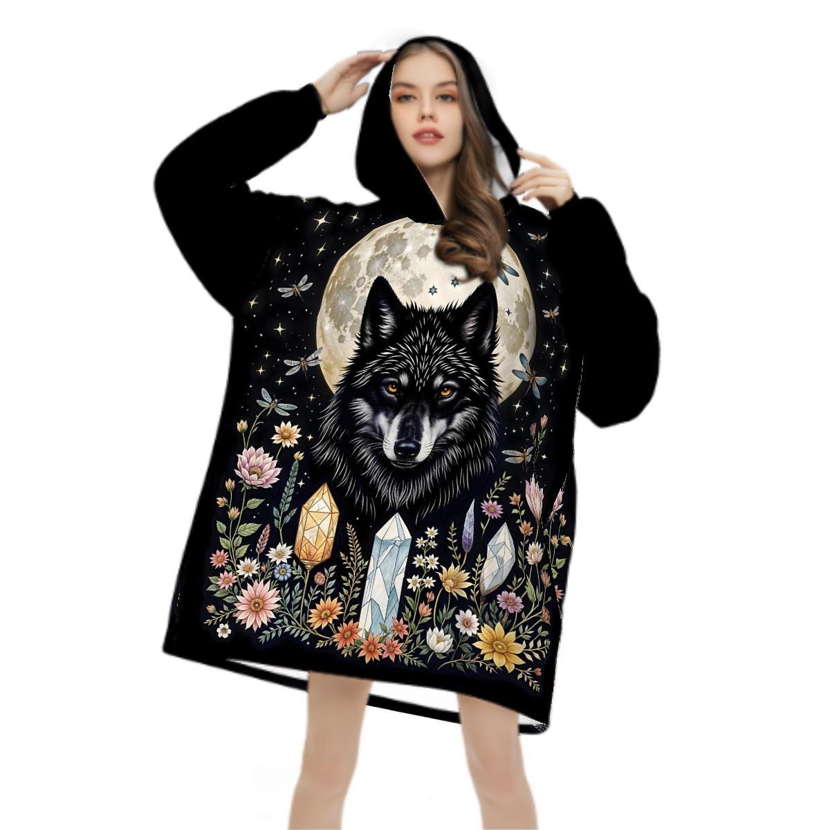 Black Wolf Crystal Blanket Hoodie, Wildflower Moon Boho Witchy Black Hooded Jumper, Gothic Floral Cute Winter Fall Accessory