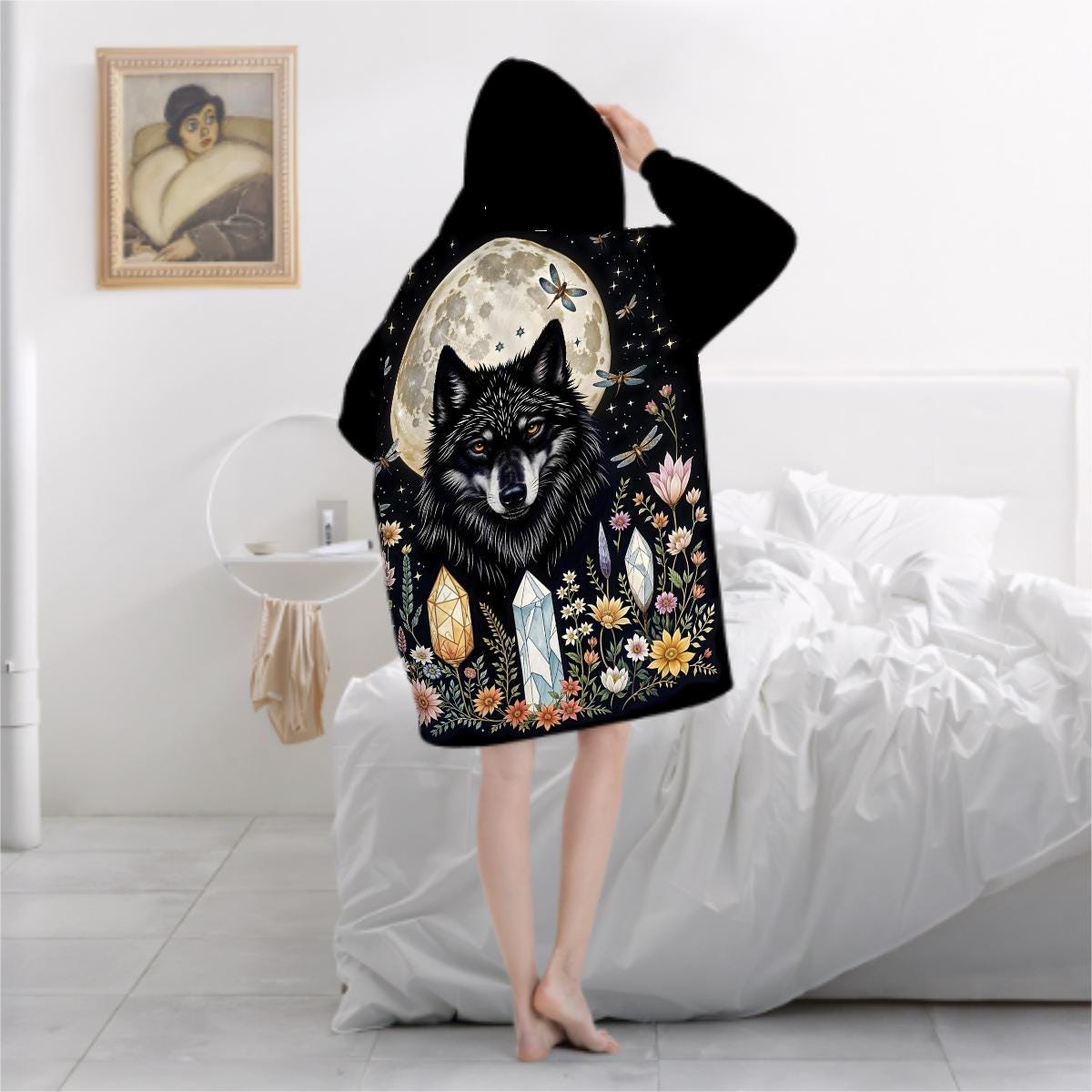 Black Wolf Crystal Blanket Hoodie, Wildflower Moon Boho Witchy Black Hooded Jumper, Gothic Floral Cute Winter Fall Accessory