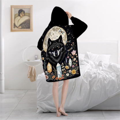 Black Wolf Crystal Blanket Hoodie, Wildflower Moon Boho Witchy Black Hooded Jumper, Gothic Floral Cute Winter Fall Accessory