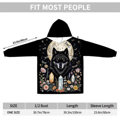 Black Wolf Crystal Blanket Hoodie, Wildflower Moon Boho Witchy Black Hooded Jumper, Gothic Floral Cute Winter Fall Accessory