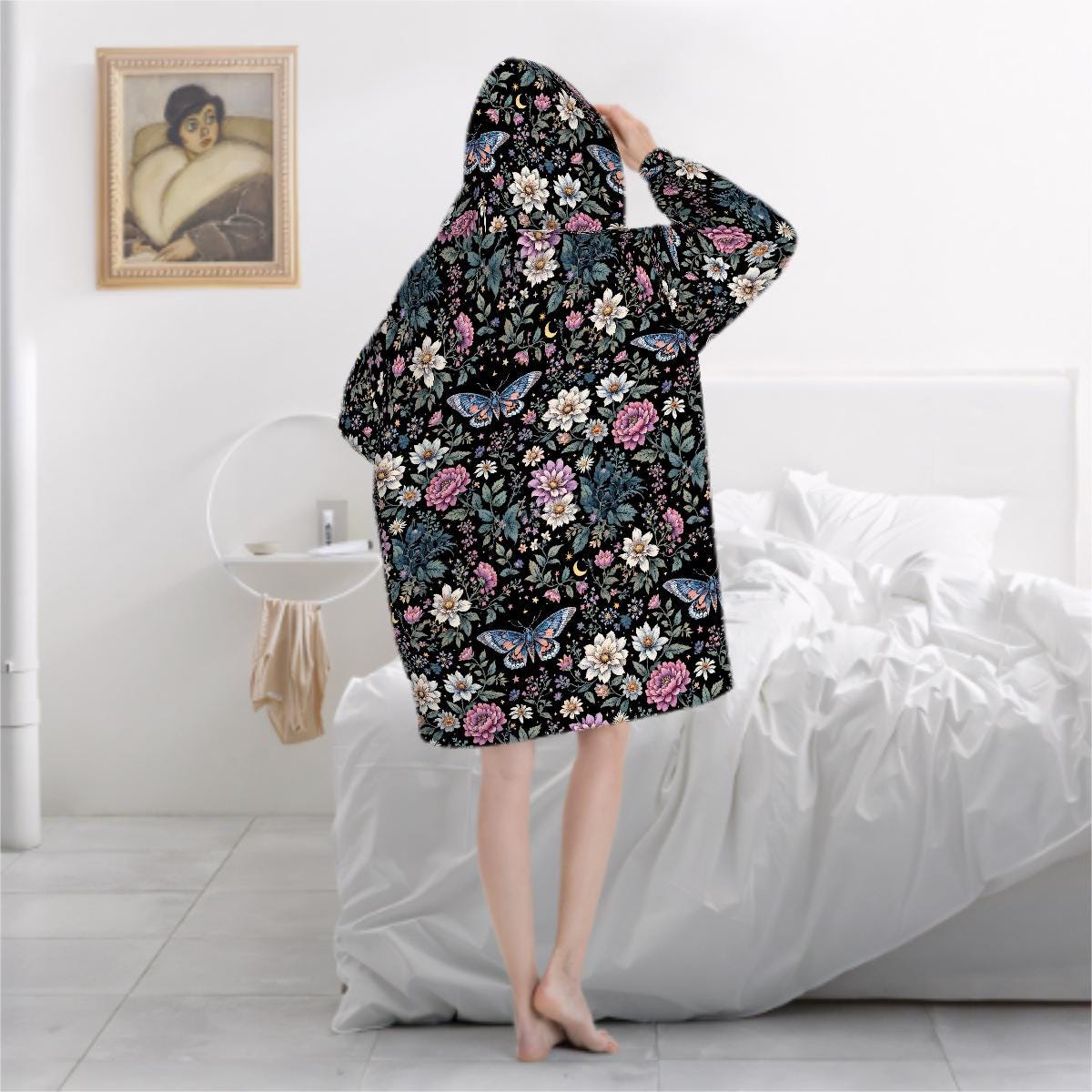 Butterfly Floral Blanket Hoodie, Bohemian Witchy Black Hooded Jumper, Green Gothic Cute Winter Fall Accessory