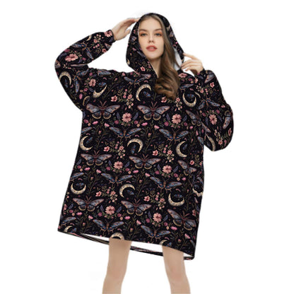 Moth Butterfly Wildflower Blanket Hoodie, Purple Pink Boho Witchy Black Hooded Jumper, Gothic Winter Fall Accessory