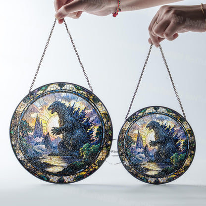 Godzila in Scenic Landscape Stained Glass, Unique Artistic Home Decor Gift for Movie Fans and Nature Enthusiasts