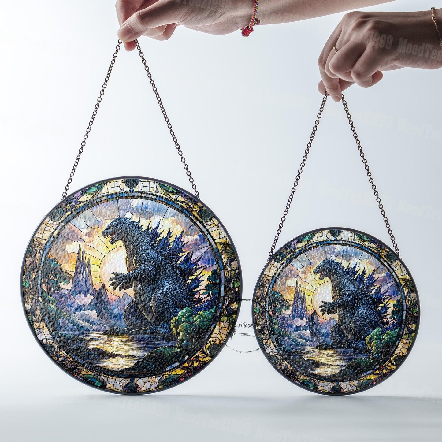 Godzila in Scenic Landscape Stained Glass, Unique Artistic Home Decor Gift for Movie Fans and Nature Enthusiasts