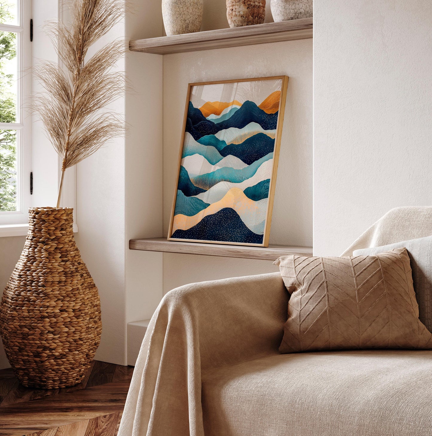 Hokusai Ukiyo-e Japanese mountains wall art, Japandi home decor, Landscape poster, Blue green print