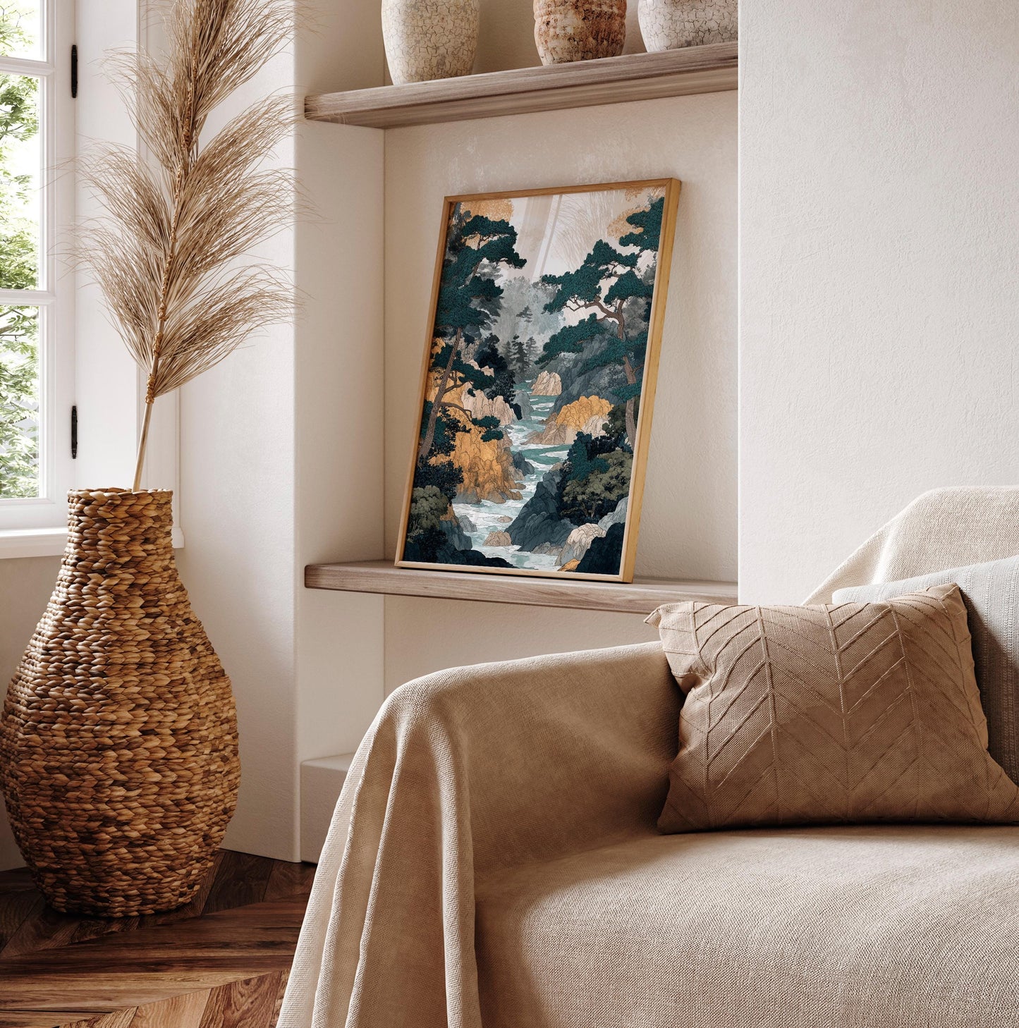 Japanese Forest River Print: Ukiyo-e Style Landscape Art