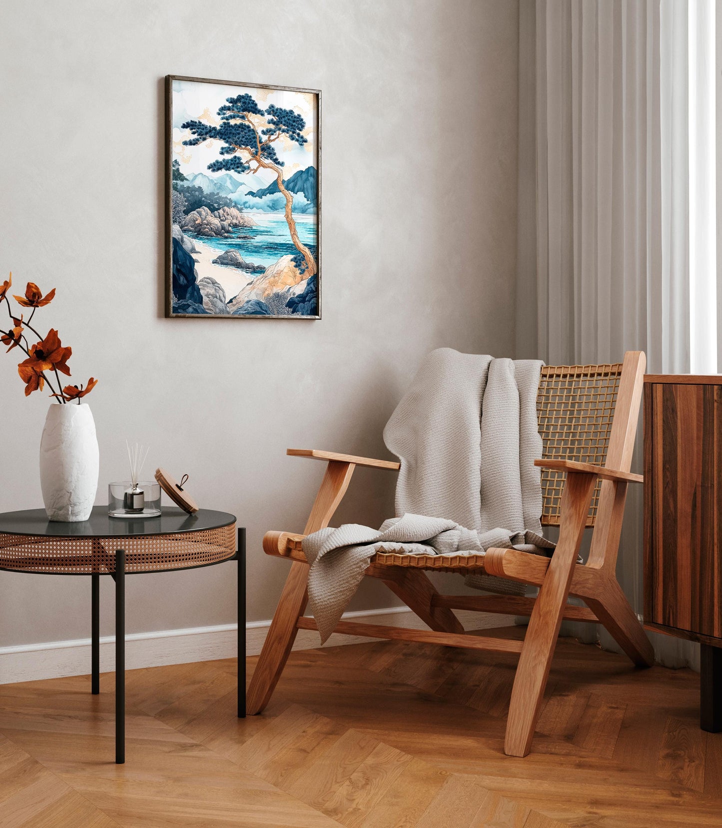 Japandi Coastal Art Print: Japanese Beach Landscape Painting