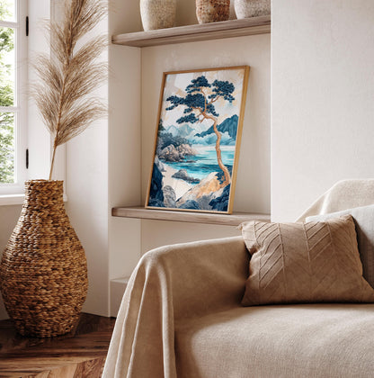 Japandi Coastal Art Print: Japanese Beach Landscape Painting