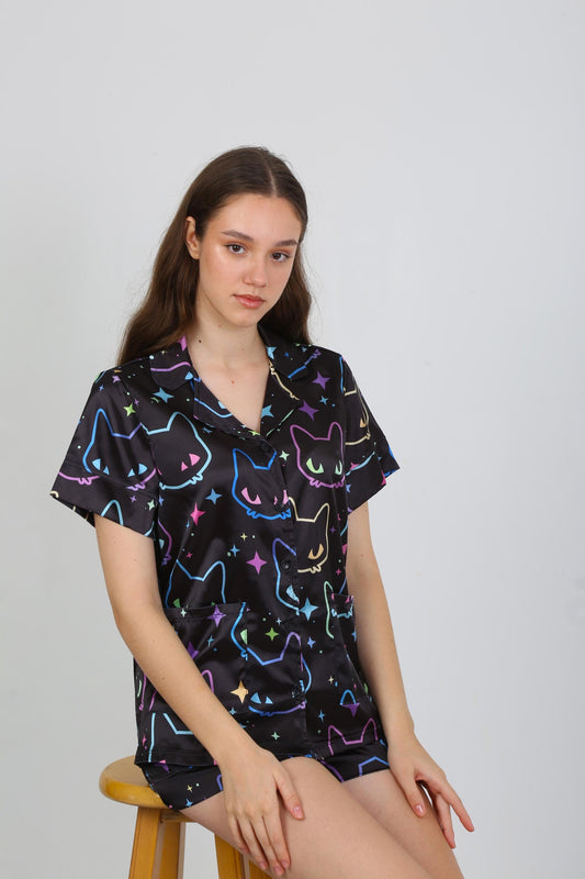 Black Satin Pajama Set with Vibrant Cat Paw Print - Short Sleeve Button-Up Shirt - Shorts - Stylish & Comfortable Loungewear for Home