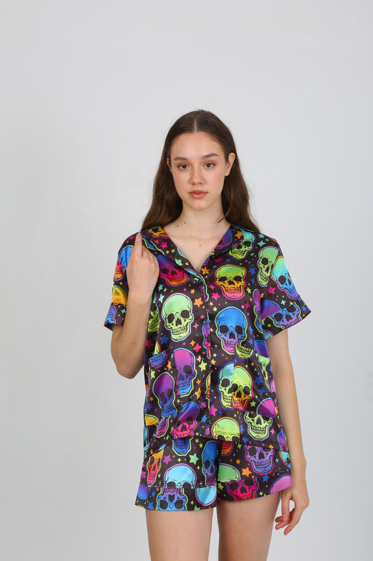Neon Skull Satin Halloween Pajama Set – Short Sleeve Button-Up Shirt - Shorts Colorful Skull & Star Design on Black Satin