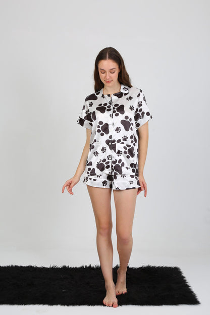 Dog Paw Print Satin Pajama Set | Button-Up Shirt- Shorts | Soft- Stylish Sleepwear | Perfect for Homewear Comfort | Satin Pajama