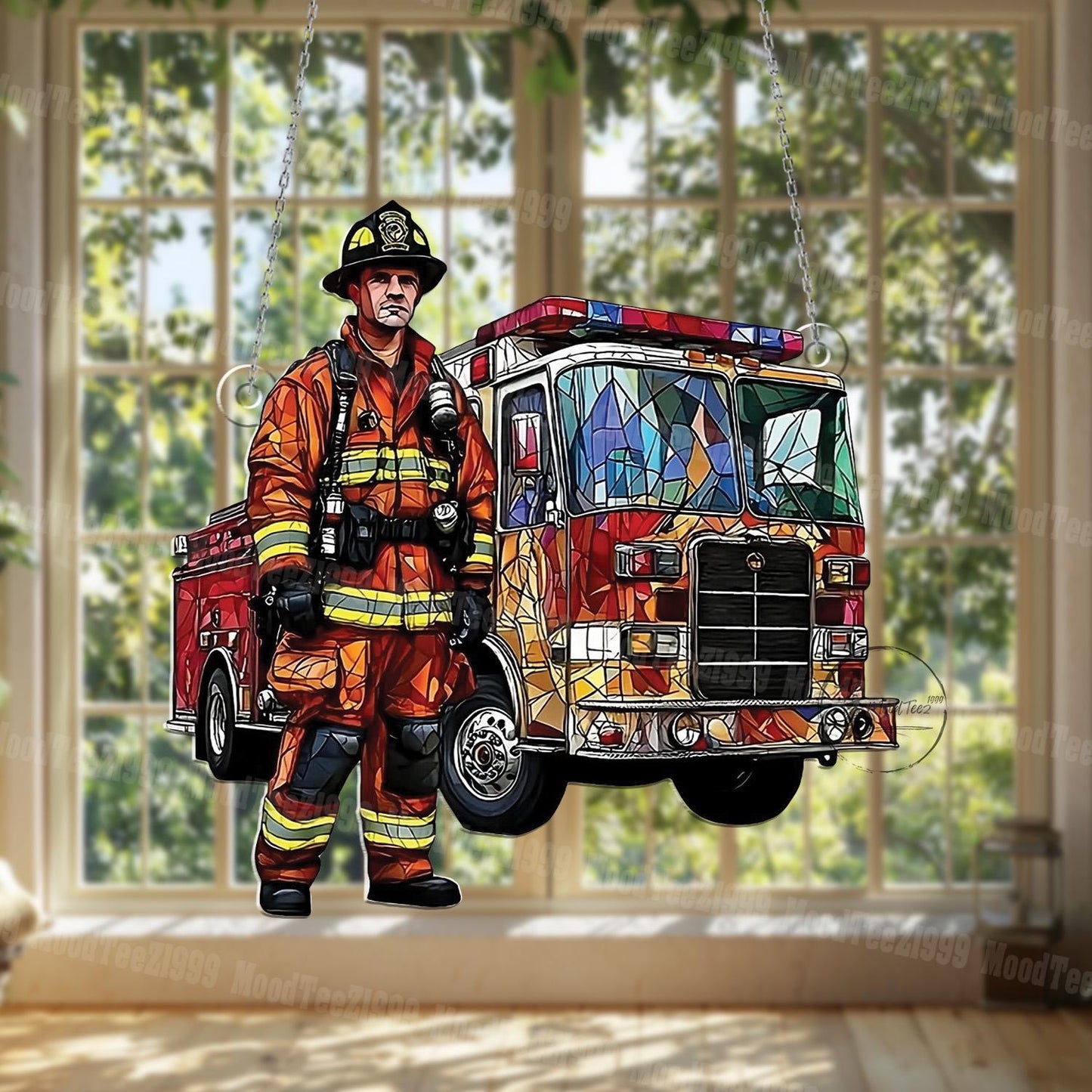 Firefighter Window Hanging, Fire Truck Art, Heroic Firefighter Decor, First Responder Window Decor, Stained Glass Style Fireman