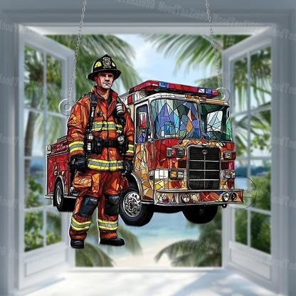 Firefighter Window Hanging, Fire Truck Art, Heroic Firefighter Decor, First Responder Window Decor, Stained Glass Style Fireman
